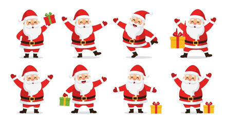 Various Poses Of Santa Claus Wishing Merry Christmas And Happy New Year With Gifts