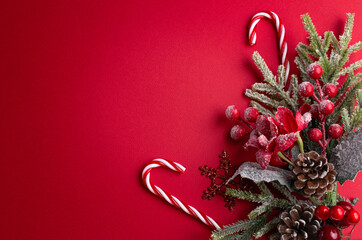 Christmas red background with poinsettia, decorative fir branch and snowflakes, candy canes and cones for tree decoraton. Winter holiday composition with decor and copy space for text, top view.
