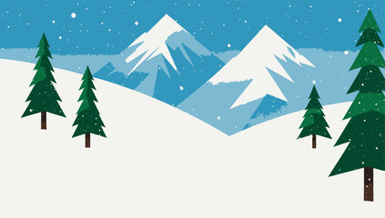 Winter landscape with snow covered mountains and evergreen trees in a flat design style