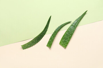 Naklejka premium Fresh aloe vera leaves on color background