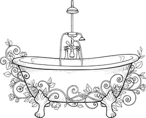 Antique clawfoot bathtub and shower fixture with botanical elements
