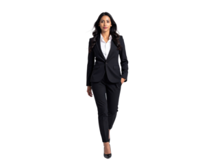 Confident businesswoman in a sleek suit walking forward with determination.