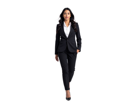 Confident businesswoman in a sleek suit walking forward with determination.
