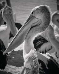 Black and white group of pelicans resting on the shoreline