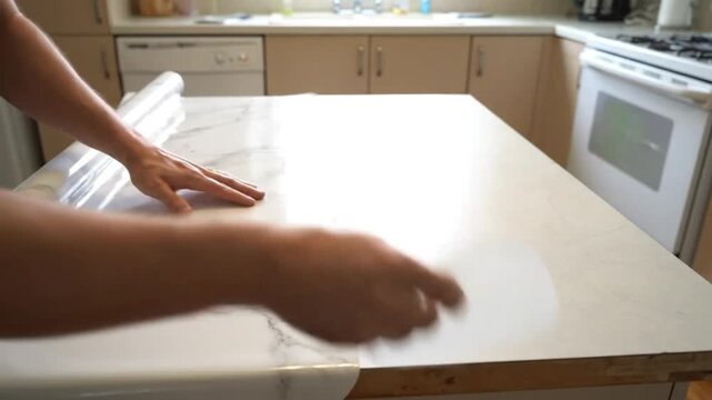 DIY home improvement in progress as a person applies a self-adhesive marble vinyl film to a tabletop for an affordable and modern upgrade