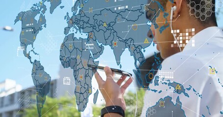 Adult male speaking into phone, activating tech HUD overlays showing icons highlighting Africa Asia - Powered by Adobe