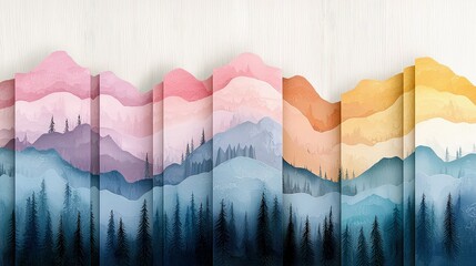 A stylized landscape painting featuring layered mountain ranges and evergreen trees, rendered in a soft watercolor style with a vibrant color palette.