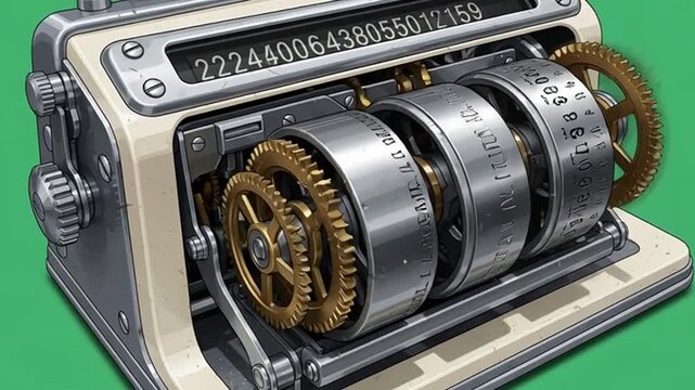 A detailed close-up of a vintage mechanical calculator with visible gears and number display against a green background.