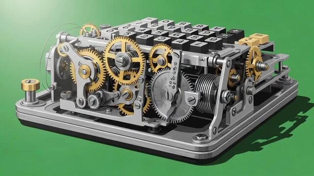 Close-up view of an antique mechanical calculator with visible gears and intricate internal mechanisms on a green background.