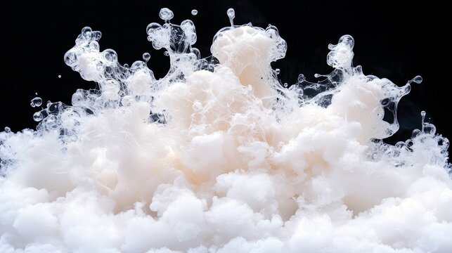 A dynamic abstract formation of white liquid and bubbles erupting and swirling against a dark background.