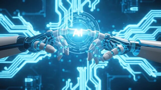 Robotic hands reaching towards an ai logo in a futuristic technology environment
