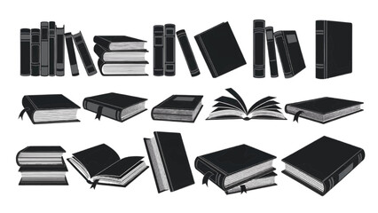 Vector illustration&nbsp;of variety of book silhouettes, including stacked, open, and standing books, isolated on transparent background 