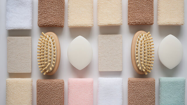Neatly organized display of natural bath and body essentials, featuring soft beige towels, wooden brushes, and gentle cleansing bars for a refreshing spa ritual