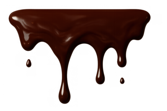 Delicious melted chocolate dripping sauce creating a sweet dessert topping or candy design with transparent background
