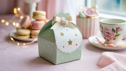 A charming party favor box with gold stars and a ribbon bow, part of a delicate tea party setting with sweet treats and a floral cup