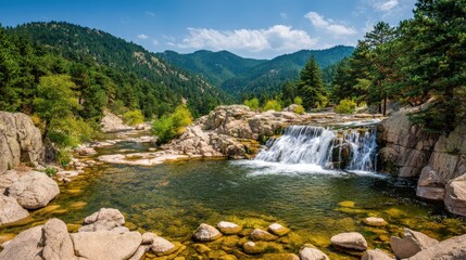 Cascading water flows over rugged stone formations within a lush, forested mountain landscape