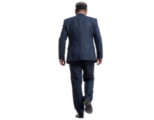 Man in a dark suit walking away full body shot from behind.