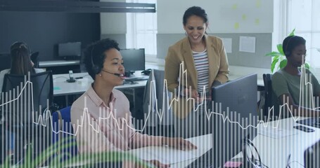 Lead leaning and smiling, headset agent pointing monitor while waveform tracking speech for support