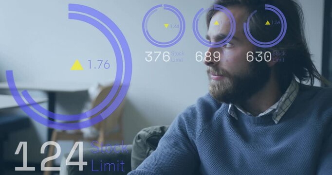 Man on sofa watching AR fintech gauges appearing around him rising then falling and analyzing limit
