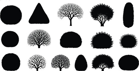 Set of black tree silhouettes, bushes, and shrubs icons, featuring leafless winter branches and leafy garden plants for landscape architecture vector design