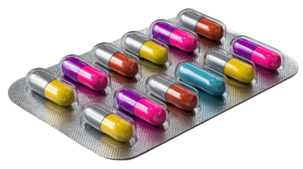Colorful capsule pills in a blister pack isolated on transparent background