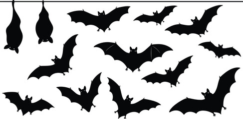 Silhouette bat collection featuring flying bats and hanging bats, perfect for Halloween decoration, spooky themed vector illustration, dark night wildlife design elements
