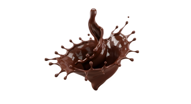 A chocolate splash with droplets and a central column on a black background isolated image - Powered by Adobe