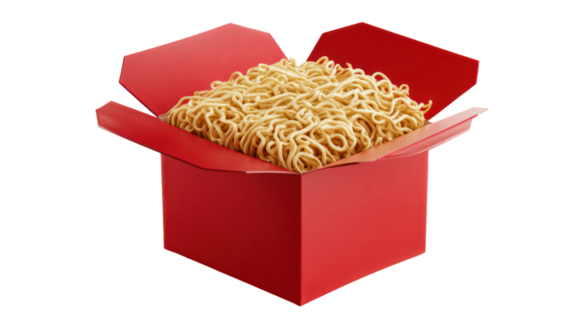Red takeout box filled with instant noodles isolated on transparent background