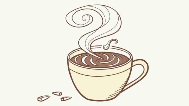Illustration of a steaming hot cup of coffee with a few coffee beans on the table near the cup
