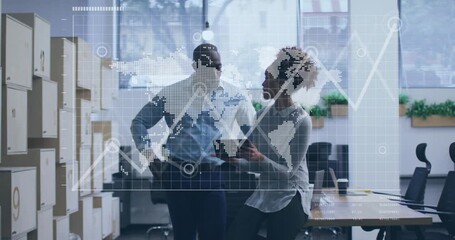 Woman tilting tablet pointing while man leaning in, causing business map and rising line graph - Powered by Adobe