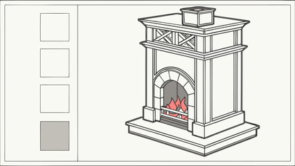 Illustration of a fireplace with a burning fire and selection boxes on the left side panel