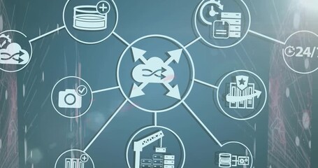 On load central hub scaling moving center, connectors extending, nodes forming to visualize network - Powered by Adobe