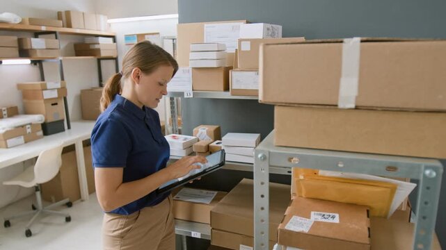 Medium shot of young Caucasian female associate in blue uniform polo shirt sorting parcels and scanning packages on racks at delivery company, then typing data on tablet computer - Powered by Adobe