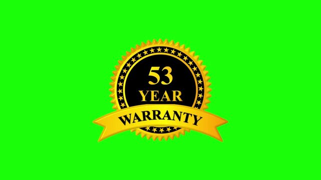 Golden 53 year warranty badge with ribbon on green screen background, premium quality guarantee label, certification seal, quality assurance, product guarantee seal, metallic gold warranty card