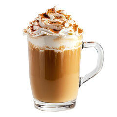 Pumpkin spice latte in glass mug topped with cinnamon on transparent background