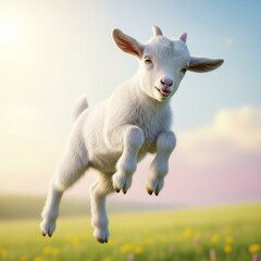 Fototapeta premium Joyful baby goat leaping in the air above a vibrant green field.
