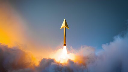 Explosion simulation with arrow sign in abstract art background with fast growth, business progress, financial increase, startup innovation, market vision, future opportunity and upward success symbol