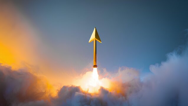 Explosion simulation with arrow sign in abstract art background with fast growth, business progress, financial increase, startup innovation, market vision, future opportunity and upward success symbol