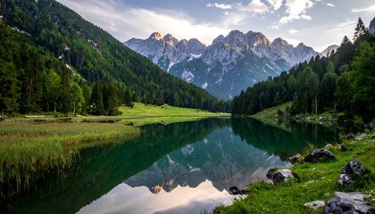 Fototapeta premium Stunning vista with calm lake reflecting mountains and surrounding nature
