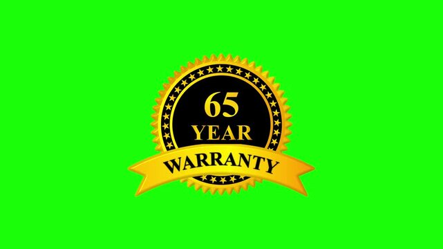 Golden 65 year warranty badge with ribbon on green screen background, premium quality guarantee label, certification seal, quality assurance, product guarantee seal, metallic gold warranty card