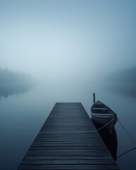 Fototapeta premium Serene Foggy Lake Scene Featuring a Wooden Pier and Boat on a Misty Morning, Peaceful and Calm