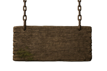 Hanging old wooden sign with blank surface and rustic texture, a horizontal plank on chains, transparent background