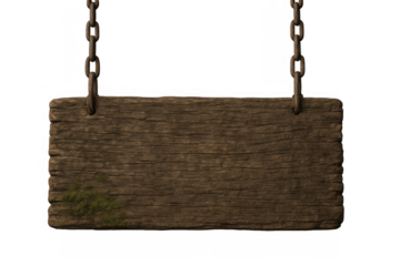 Hanging old wooden sign with blank surface and rustic texture, a horizontal plank on chains, transparent background