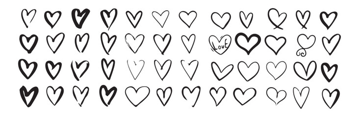Heart doodles collection. Hand drawn hearts. Vector illustration design elements. Black outlined hearts.