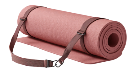 Rolled up pink yoga mat with patterned strap isolated on transparent background