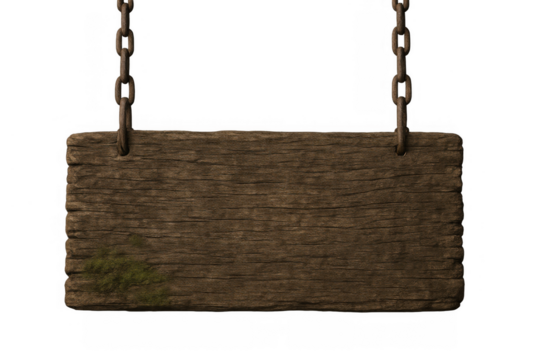 Hanging old wooden sign with blank surface and rustic texture, a horizontal plank on chains, transparent background - Powered by Adobe