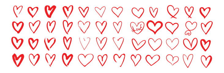 Red heart doodles collection. Hand drawn hearts. Vector illustration design elements. Vibrant red color.