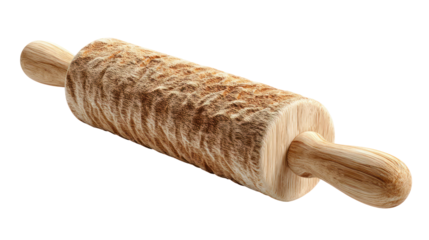 Antique wooden rolling pin with textured surface isolated on transparent background