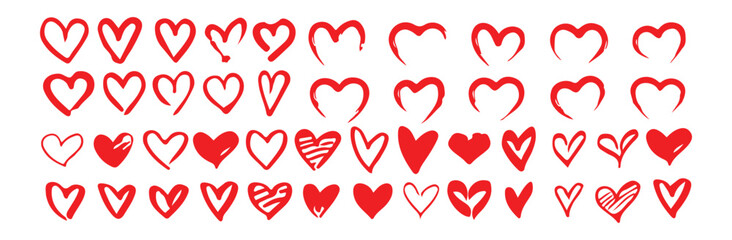 Hand drawn red heart shapes. Variety of doodle love icons. Sketchy heart collection. Expressive heart set.