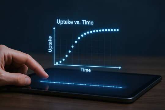 Facilitated diffusion concept with digital graph showing uptake versus time on tablet screen representing scientific data analysis